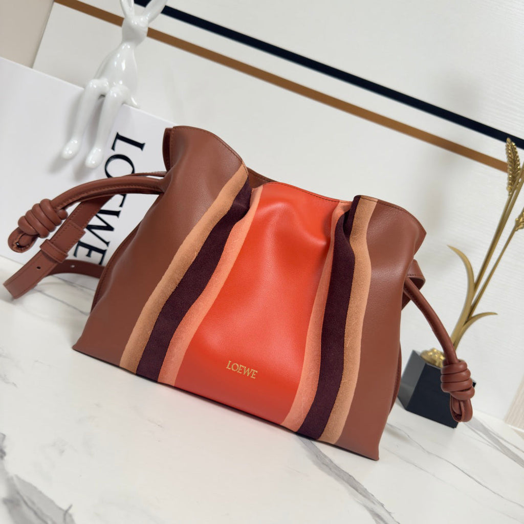 Striped Suede & Leather Shoulder Bag with Knot Strap (1114212040)