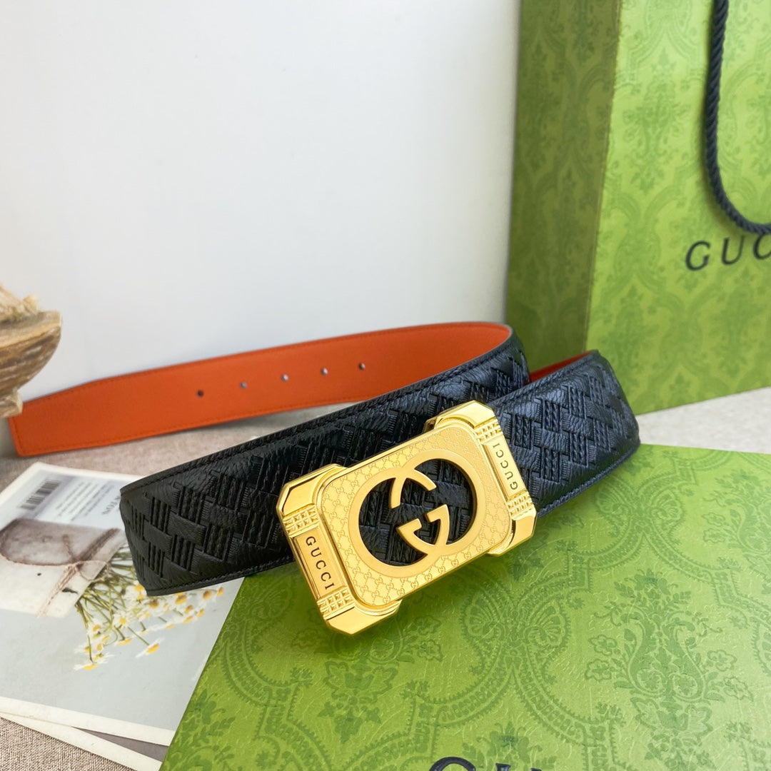 Black Woven Belt with Gold GG Buckle and Orange Lining Width 3.8cm