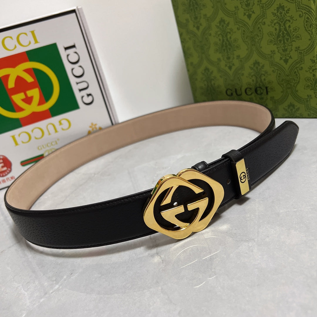 Black Leather Belt with Gold G/G Buckle