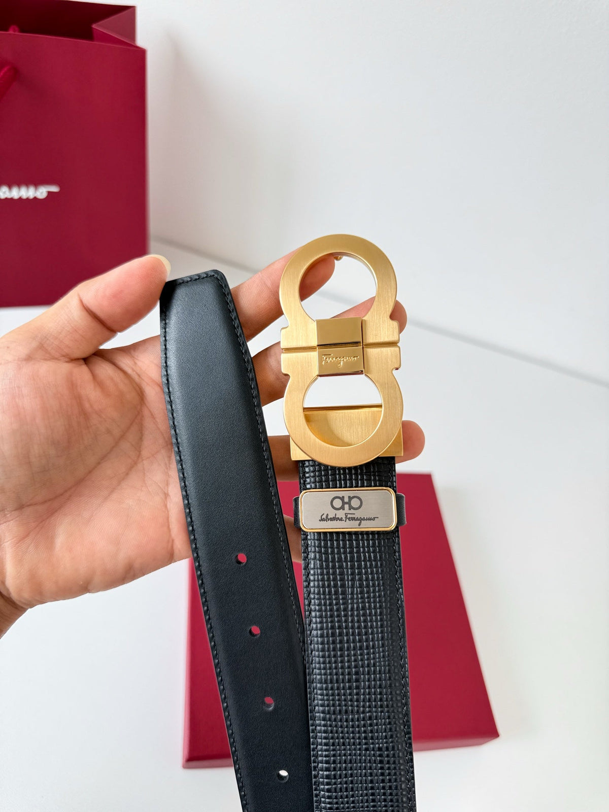 Men’s Reversible Leather Belt with Matte Gold Buckle width 3.5cm